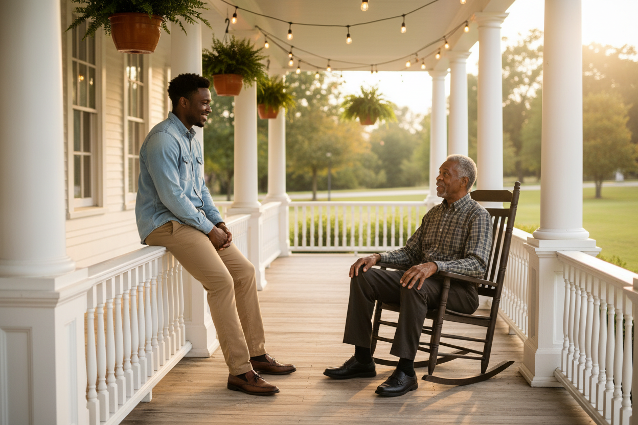 Front Porch - Young Man on Banister & Elder in Rocking Chair